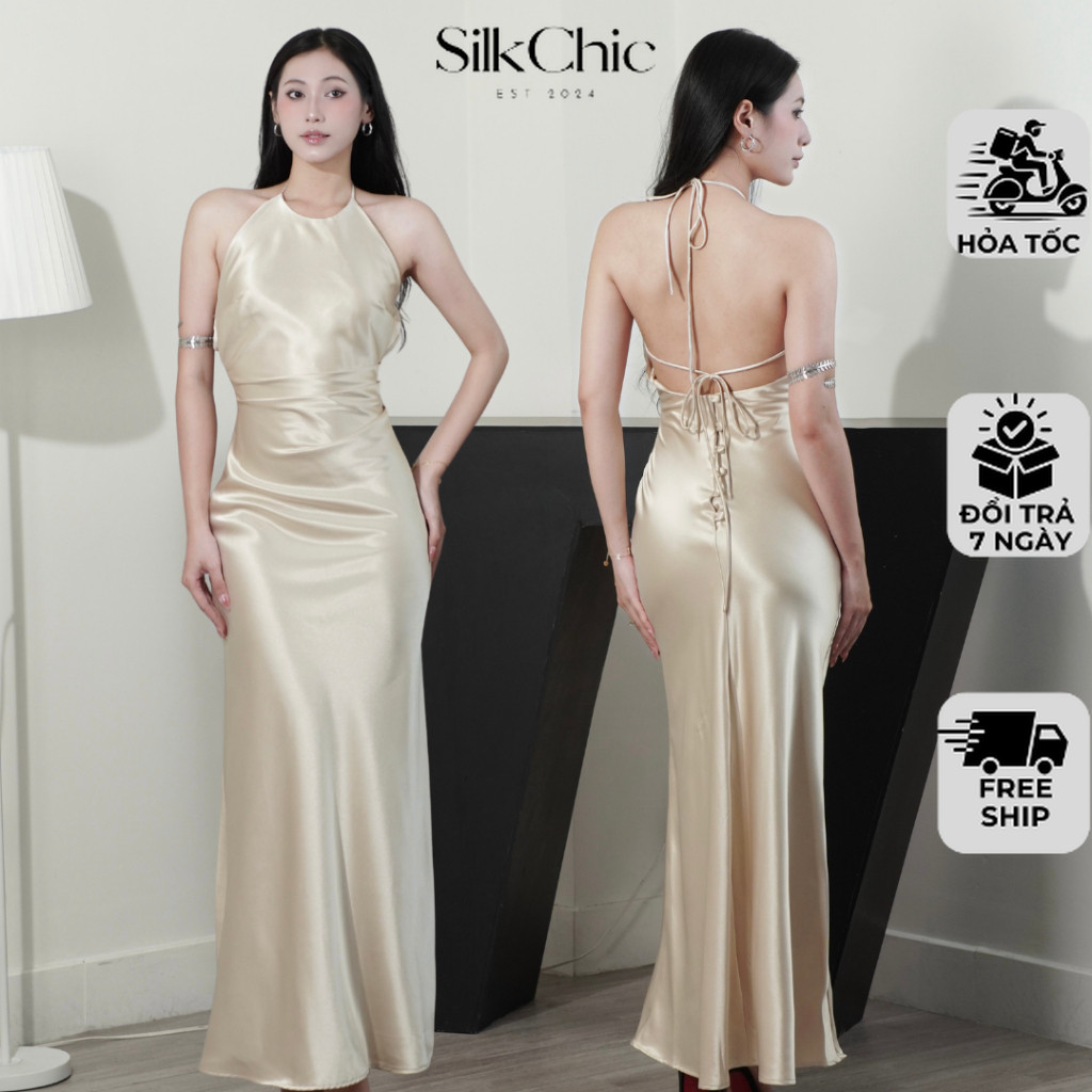 Đầm Lụa Cổ Yếm Xếp Ly Hở Lưng Dáng Dài NV746 Đầm Lụa Cổ Yếm Phối Nút Sang Chảnh Đi Tiệc