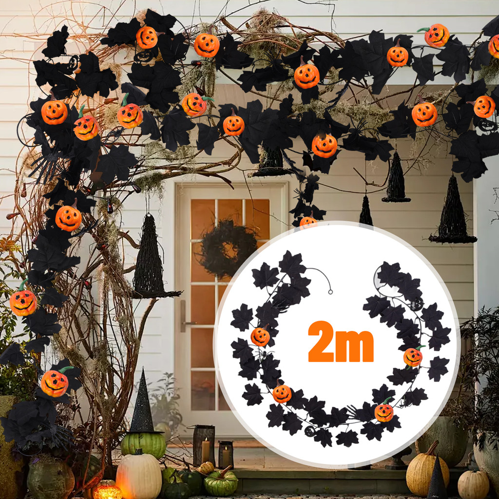 Trang trí cây nho lá phong nhân tạo Halloween với tay và nhện bộ xương | Trang trí ngoài trời bằng vải lụa 200cm cho lối đi, sân vườn, cầu thang