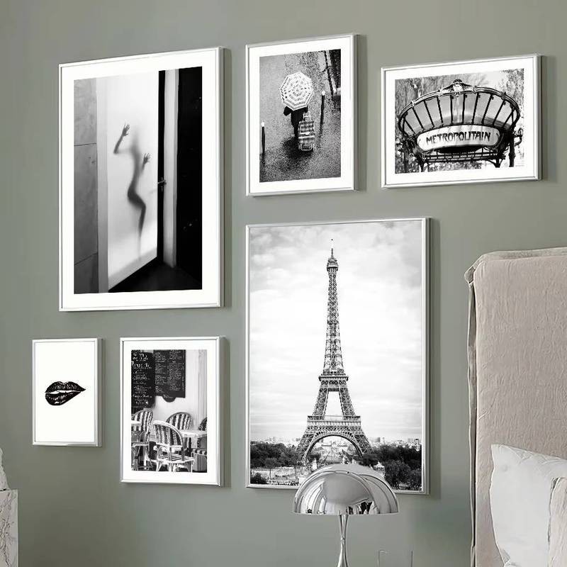 Tháp Paris Cityscape Đen Trắng Retro Phong Cách Tối Giản Treo Tường Nghệ Thuật In Canvas Phòng Khách Trang Trí Nhà Poster