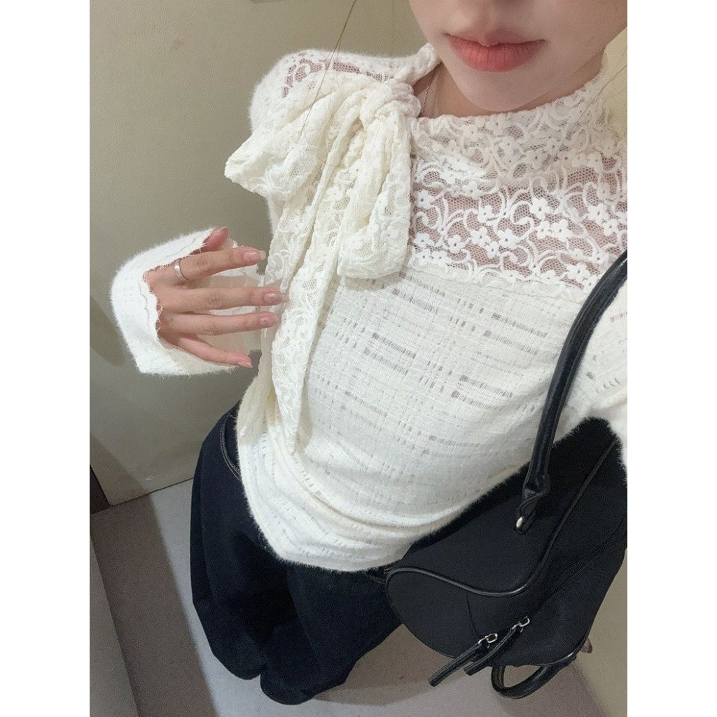 Meet-Adm Áo Thun Dài Tay Thắt Nơ Trắng Áo Crop Top Thời Trang Mùa Thu Mới | BigBuy360 - bigbuy360.vn