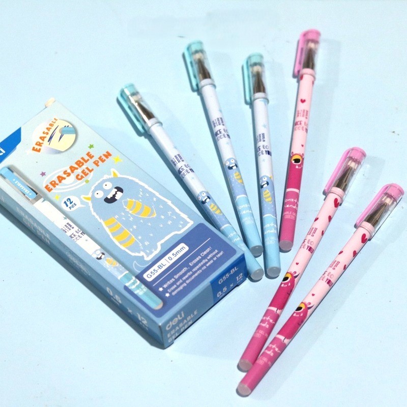 Hộp 12 Bút Gel Xóa Được 0.5mm Deli G55 Có Nắp Đậy Tiện Lợi, Viết Mượt, Tẩy Sạch Không Lem