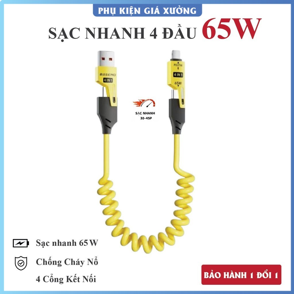 Cáp sạc 4in1, Dây sạc nhanh 4 đầu - 65W. Cáp sạc lò xo đầu cáp kim loại. Dây sạc 4 in 1, Dây sạc điệ