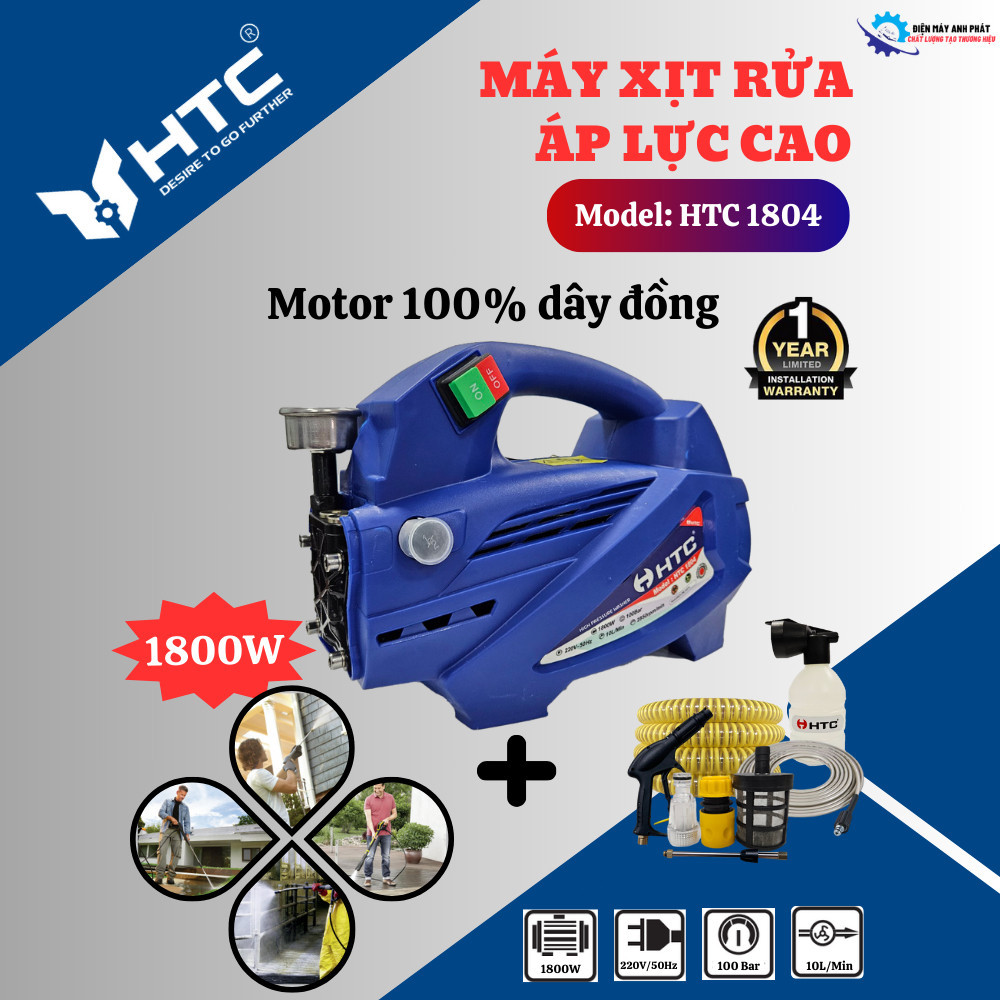 Máy xịt rửa xe 1800W motor Đồng, dây 6M, CS thực,áp lực 100 bar,8L/phút hiệu HTC1804