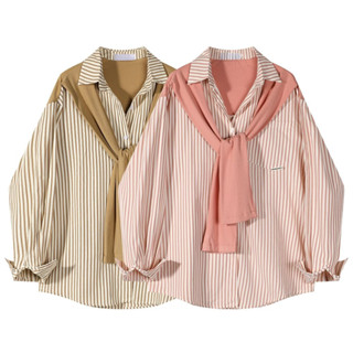 MR [Áo sơ mi Oversize] (40-150kg) Áo thun sọc giả hai mảnh cỡ lớn thiết kế khăn choàng dài tay