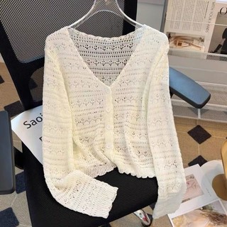 Áo điều hòa dệt kim dễ phối rỗng cổ chữ V rộng rãi phong cách Hàn Quốc mùa hè Áo cardigan chống nắng lụa băng dài tay mẫu mỏng cho nữ