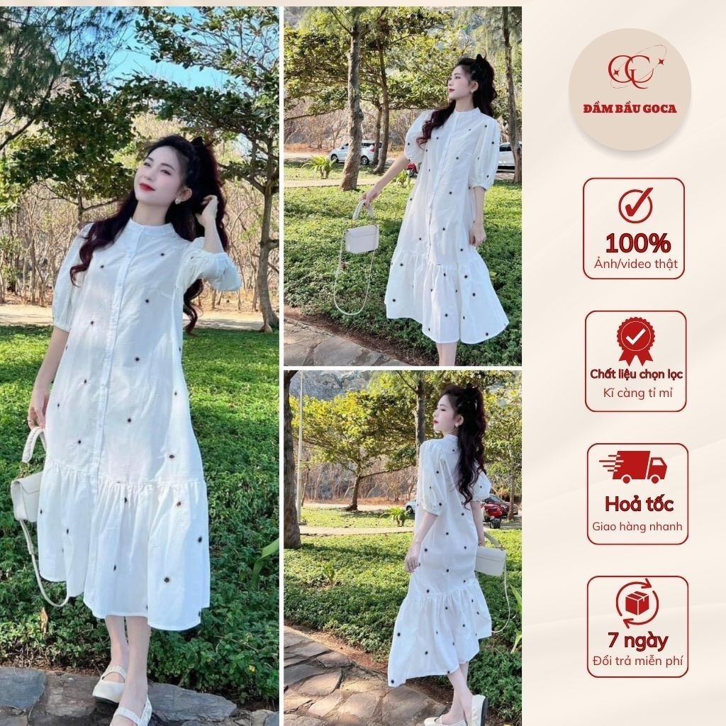 Đầm babydoll hoa nhí, váy bầu dáng babydoll họa tiết hoa chất vải mềm mát thoải mái