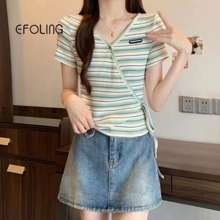 Nhiều Màu Sắc Sọc Mùa Hè Mới Dệt Kim Áo Thun Nữ Tay Ngắn Mỏng Cổ Chữ V Top