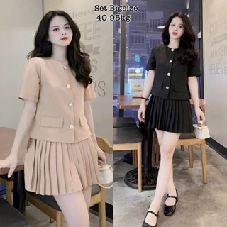 Thời Trang Bigsize Set Bộ Váy Xếp Ly Thiết Kế Cao Cấp Mix Áo Cộc Tay Cổ Tròn Đứng Form Vải Cotton Thái Cao Cấp 40-95kg