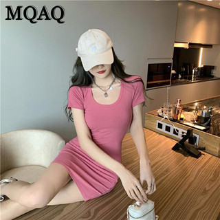 Mqaq Premium khí chất ngắn tay màu hồng giảm tuổi tác váy mùa hè dành cho nữ thiết kế thích hợp váy ngắn quấn hông bó sát đa năng
