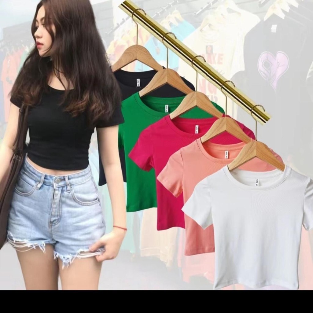 A14 Áo Croptop Ngắn Tay Cổ Tròn  - Vải Thun Trơn Dày Co Giãn Thoáng Mát, Ôm Body Sexy, Cá Tính mã 05