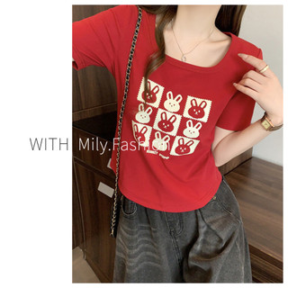 Milyfashion 2024 All-Match Thiết Kế Giảm Tuổi Cảm Giác Chữ Ngắn Tay Áo Thun Nữ Mùa Hè Phong Cách Mới Thời Trang Béo mm Size Lớn Slimm