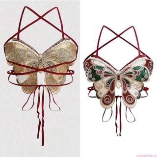 Sweety Nữ Bướm Thêu Áo Ngực Không Tay Crisscross Tie Camisole Crop Top