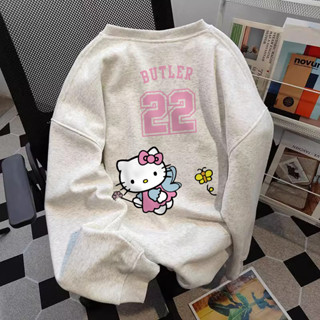 Áo sweater nữ xám tiêu form rộng hàn quốc dễ thương Hello Kitty local brand Salmo áo nỉ dài tay mùa thu đông