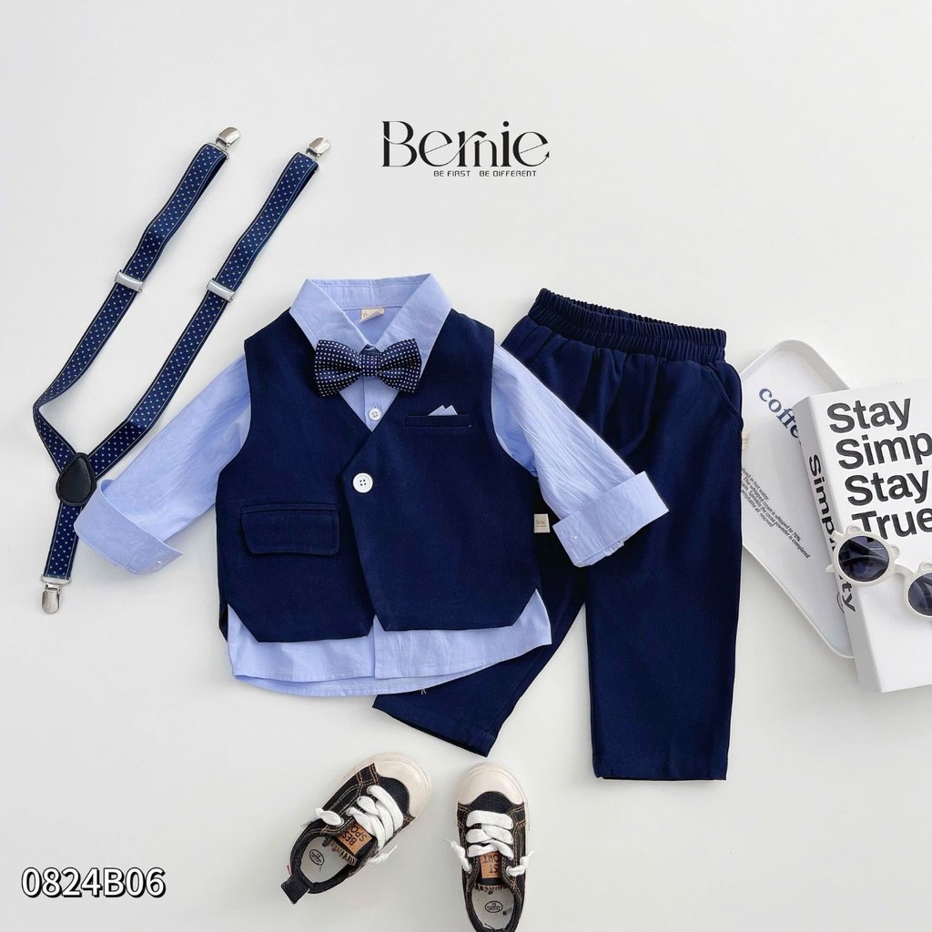 Set vest dài gile công tử hàn quốc túi khăn bé trai thôi nôi sinh nhật 1 đến 7 tuổi BERNIE 0824b06