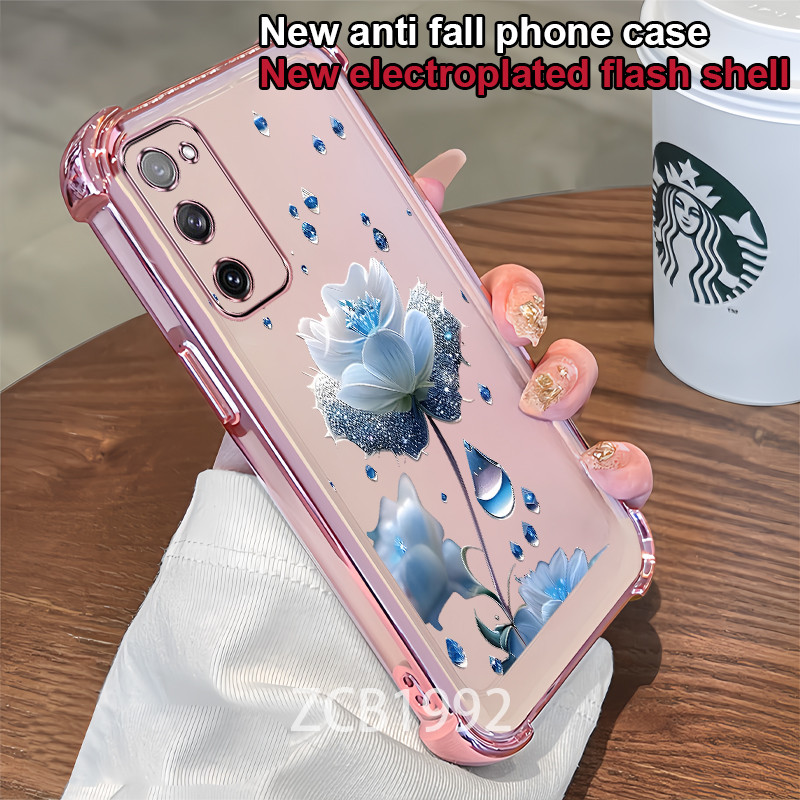 Ốp Lưng Cho Samsung S20 S21 FE S21 S22 PLUS S21 S22 ULTRA Ốp Điện Thoại TPU Pha Lê Giọt Mưa Họa Tiết Hoa Xanh Bốn Góc Chống Rơi Trong Suốt