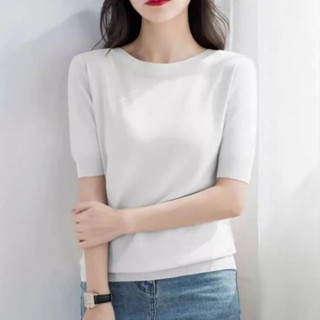 Mùa Hè 2024 Phong Cách Mới Một Cổ Ngắn Tay Ice Silk Phong Cách Mới Áo Len Thời Trang Dệt Kim Áo Thun Nữ Slim-Fit Ngắn @ -