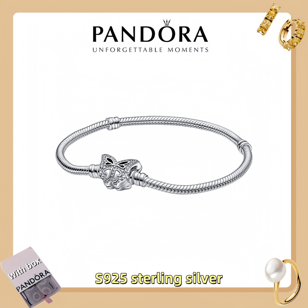 Bán chạy Đồ trang sức nữ bạc S925 100% S925 (có hộp) Moments Butterfly Clasp Snake Chain Bracelet 59