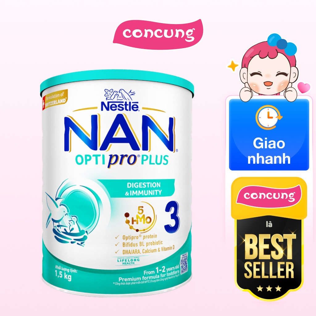 Sữa Nan Optipro PLUS 3 1.5kg, với 5HMO, công thức từ Thụy Sĩ (1-2 tuổi)