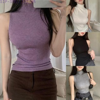 Áo hai dây thân thiện với da Dạo phố cổ cao dệt kim đa năng Vintage