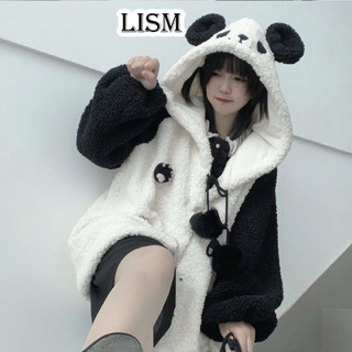 LISM Áo Khoác Mùa Đông Dáng Rộng Bằng Vải Lông Cừu Có Mũ Trùm Hình Gấu Trúc Dễ Thương Phong Cách Nhật Bản Ngọt Ngào Cho Nữ GM2454T0K