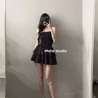 Váy Liền Chấm Bi Màu Đen Phong Cách Bánh Bèo Thu Gọn Eo Khí Chất Ngọt Ngào Cho Nữ 