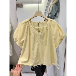 Rỗng Cổ Chữ v Màu Trơn Áo Sơ Mi Tay Ngắn Nữ Mùa Hè Phong Cách Mới Tay Phồng Rời Thời Trang Top