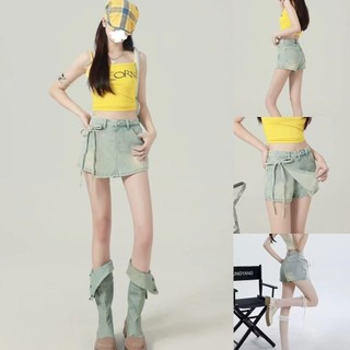 Quần Short Denim Hai Mảnh Giả Cho Nữ Mùa Hè Chữ A Cao Cấp Thiết Kế Niche Phong Cách Không Đều Strappy Culottes Hot Girl Quần