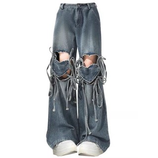 Quần bò thắt dây tình yêu Rách Cổ Điển Instagram kiểu Mỹ quần ống rộng ống đứng rộng rãi cảm giác thiết kế cạp cao Xuân Hè cho nữ XABR