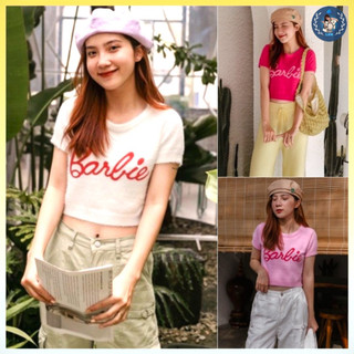 💥[A097] Áo len thun BÔNG Montoghi dệt kim cổ tròn cộc tay in chữ Barbie màu sắc tươi tắn dễ thương - L2M