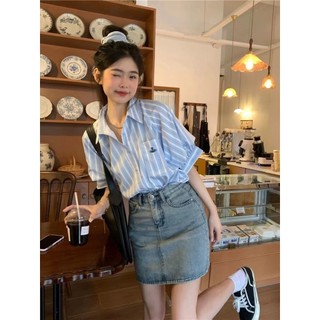 Áo sơ mi ngắn tay sọc dọc Hàn Quốc mới mùa hè dành cho nữ