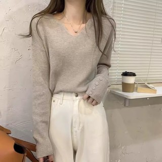 Áo len dệt kim dài tay cổ chữ V phong cách Hàn Quốc Thu đông Màu trơn Áo đơn giản