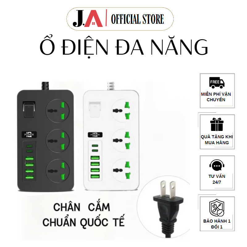 Ổ Cắm Điện Z01, T09 J.A OFFICIAL, 4 Ổ Cắm, 8 Cổng USB, 2 Type C PD Chịu Tải 3000W An Toàn Chống Giật