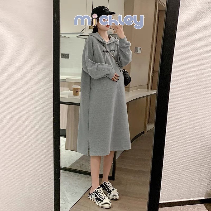 Michley phiên bản Hàn Quốc của áo thun bà bầu mùa thu đông cotton dài vừa phải Váy rộng có mũ trùm đầu thời trang trông thon gọn hơn