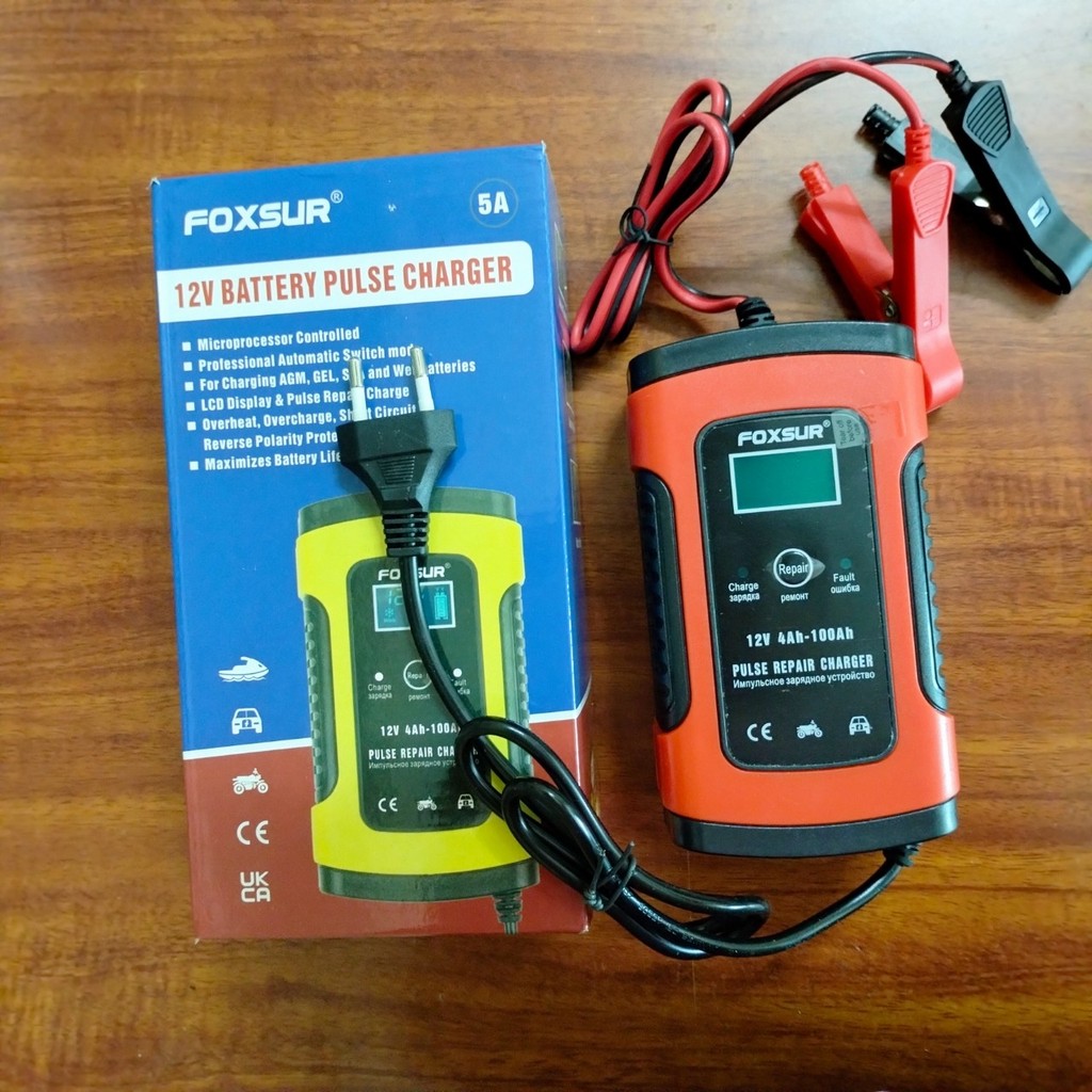 Bộ sạc bình ắc quy FOXSUR 12V 5A - 100A kèm phục hồi bình,khử sunfat .