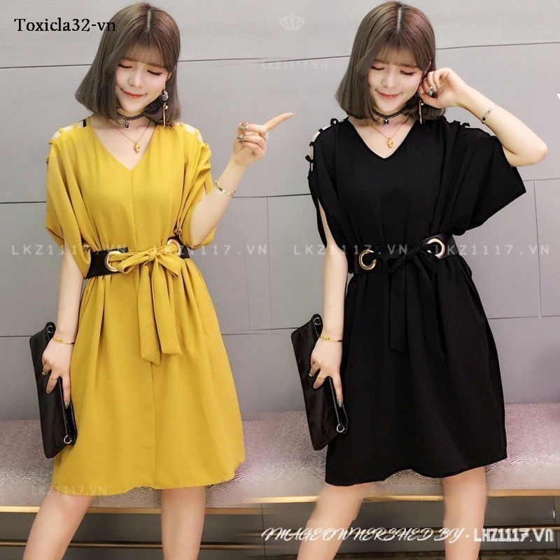 Đầm Bigsize Váy nữ dáng suông tay ngắn cổ chữ v hở vai che bụng mỡ ôm eo mùa hè Phong cách Hàn Quốc Thời Trang tiểu thư cá tính xinh đẹp cho người mập béo