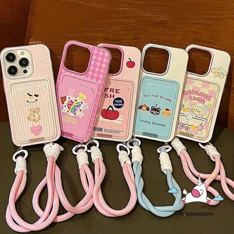 Sáng Tạo Dễ Thương Gấu Nhỏ Thỏ Hoạt Hình Doodle Case Tương Thích Cho IPhone 11 13 15 12 14 Pro Max 7Plus XR X 15 6s 7 8 6 Plus XS Max SE Ví Sang Trọng Khe Cắm Thẻ Dây Buộc