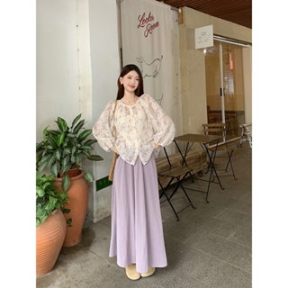 [8-10 days] Bộ Đồ Phong Cách Dịu Dàng Áo Sơ Mi Hoa Nhí Trẻ Trung Rộng Rãi Cho Nữ Phối Chân Váy Dài