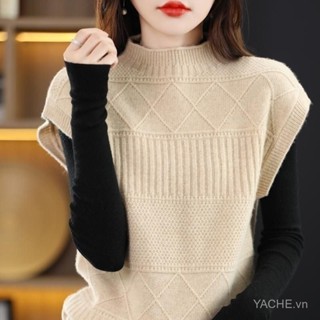 [Yi Cheng Cheng] Giao hàng nhanh Áo vest xuân thu mẫu mới Áo len nữ cổ cao Áo chui đầu không tay áo xếp chồng dệt kim rộng rãi mặc trong và ngoài PWZT