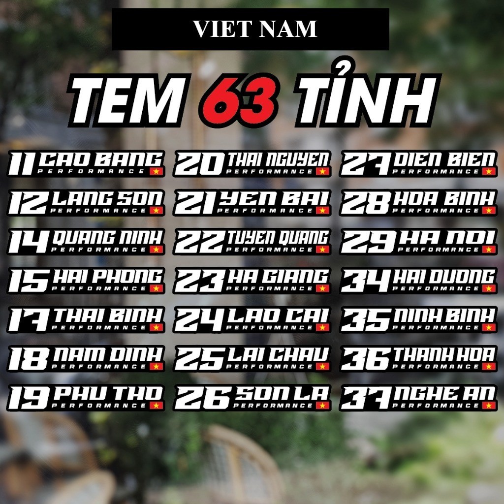 Tem tỉnh thành - 63 Tỉnh Thành Việt Nam,  Tem Dán Xe, Chất Liệu Decal Cao Cấp, Chống Nước