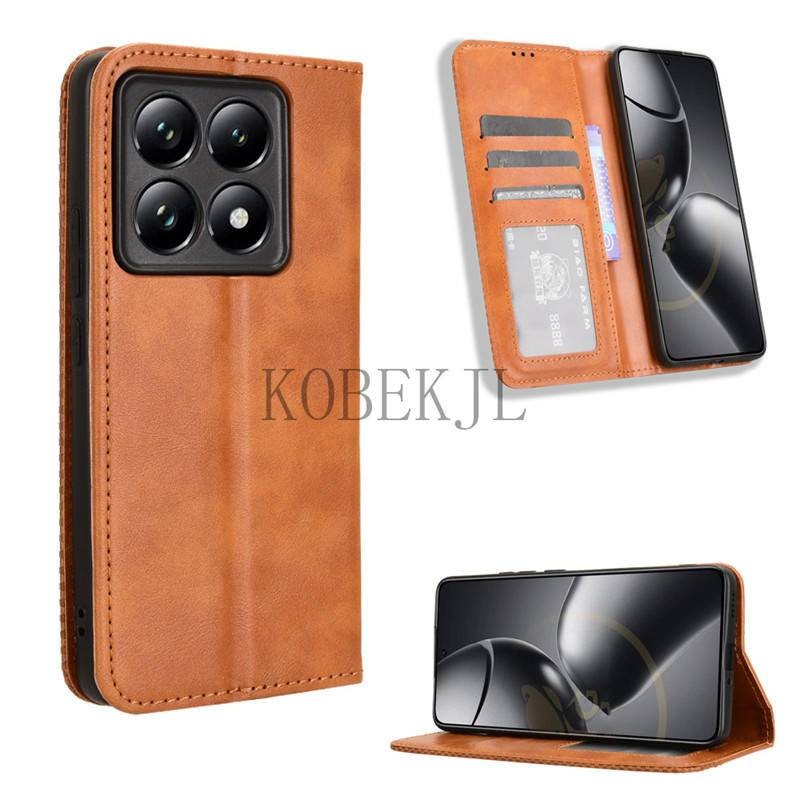 Xiaomi 14T Pro Flip Case Da PU Vỏ Điện Thoại Từ Tính Xiaomi 14TPro mi14T Retro Ví Đựng Thẻ Đứng Bao