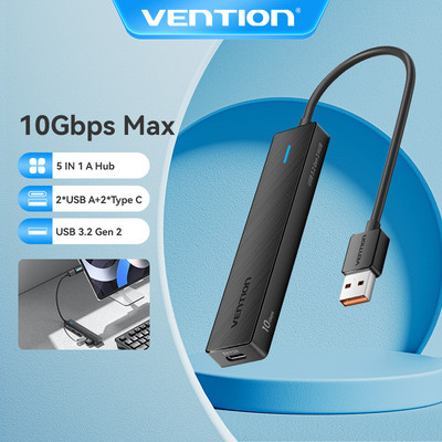 5 trong 1 A Hub Vention 10Gbps USB 3.2 Gen 2 Tốc độ cao nhỏ gọn & di động tương thích với PC Type-A USB 3.2 với chức năng giao diện mở rộng.