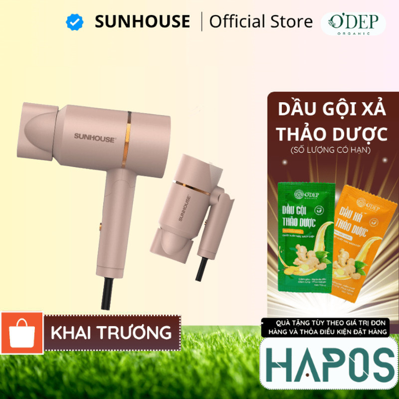  Máy sấy tóc Sunhouse SHD2313 Chính hãng 2 chế độ đầu sấy mỏ vịt gấp gọn cho khách sạn Màu vàng hồng - HAPOS HOF 