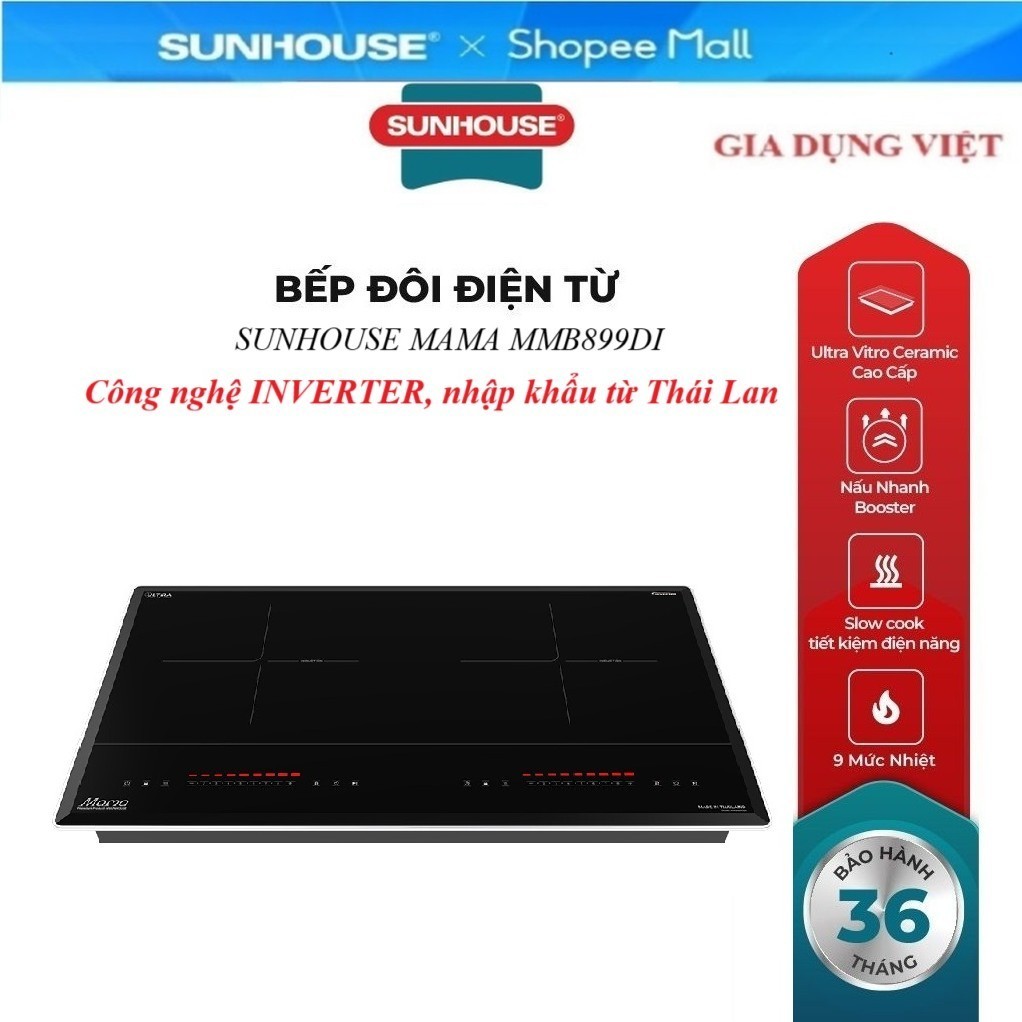 BẾP ĐÔI ĐIỆN TỪ SUNHOUSE MAMA MMB899DI, Công nghệ INVERTER, tổng công suất 
4400W, Mặt kính Ultra Vi