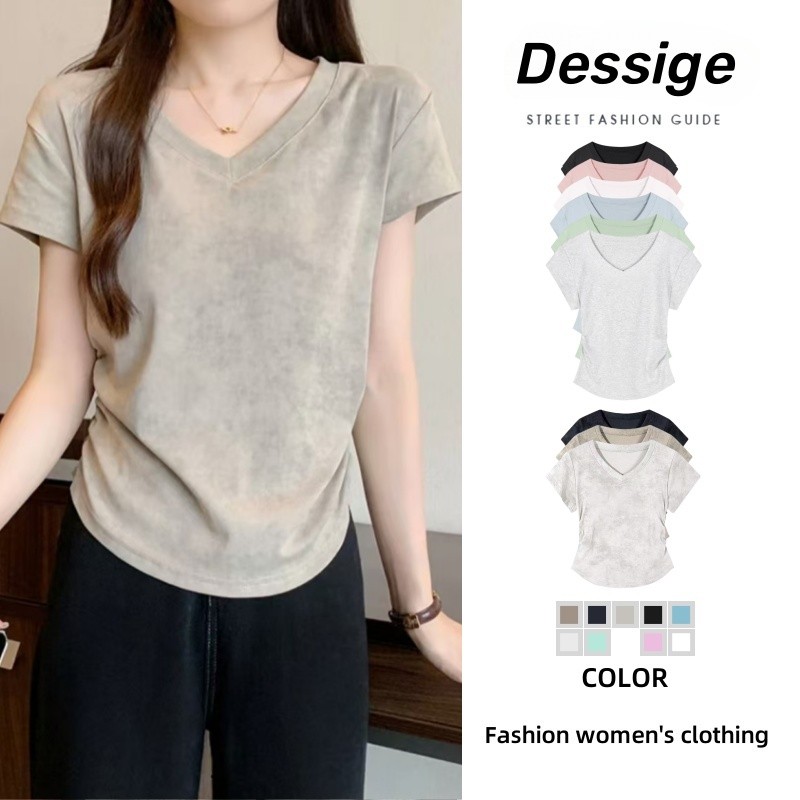 Dessige Áo baby tee Áo Thun ôm body Áo y2k 100% cotton Áo thun kaki cổ chữ V phong cách Hàn Quốc mùa
