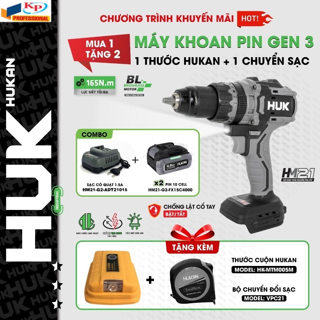 Máy khoan pin HUKAN G3-F165PRO, Động cơ Không chổi than, 165Nm Chống lật cổ tay, Tạo xung k phát điệ