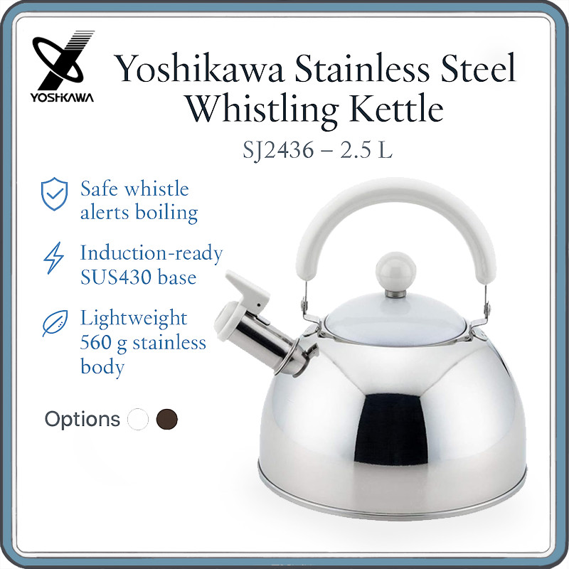 Yoshikawa 2.5 L Stainless-Steel Whistling Kettle – Induction-Ready Tea Pot, Chocolat White & Brown V