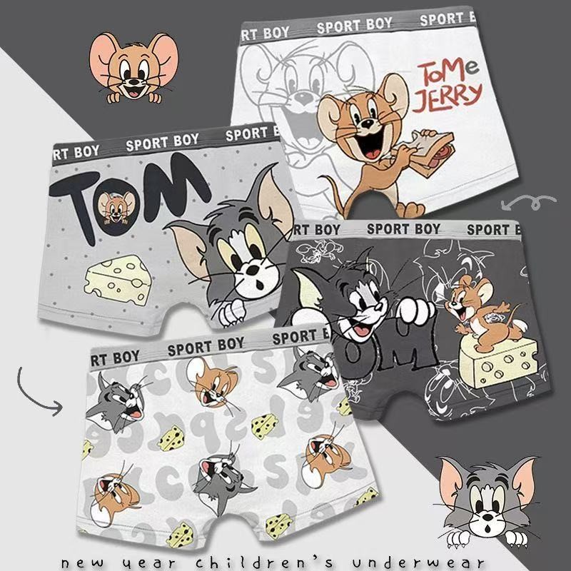 [Tom và Jerry] Hoạt Hình Mèo Và Chuột Cotton Nguyên Chất Thoáng Khí Boxer Quần Lót Bé Trai