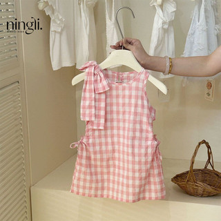 Váy Sọc Caro Nơ Vai Màu Hồng Cho Bé Gái 1 2 3 4 5 Tuổi MINTSCLOSET Quảng Châu - GV0191