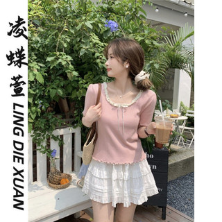 Yuewen Ngọt Ngào Ren Ngắn Tay Cổ Tròn Nữ Dệt Kim Nơ Nấm Cạnh Áo Thun