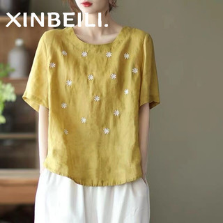 Áo Thun Cotton Lanh Tay Ngắn Màu Trơn Thêu Hoa Phong Cách Mới Mùa Hè Cho Nữ